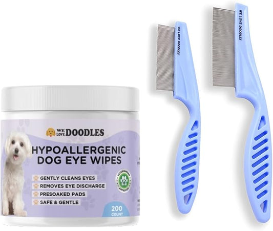 We Love Doodles Dog Eye Wipes & Dog Face Comb Bundle - Pre-Soaked Eye Wipes for Dogs, Tear Stain Remover for Dogs, Pet Eye Wipes, Dog Eye Cleaner, Flea Comb for Dogs, Fine Tooth, Removes Crust & Mucus