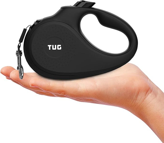 TUG Monochrome Tiny 360° Tangle-Free Retractable Dog Leash | Cat Leash | 10 ft Strong Nylon Tape (Tiny, Black)