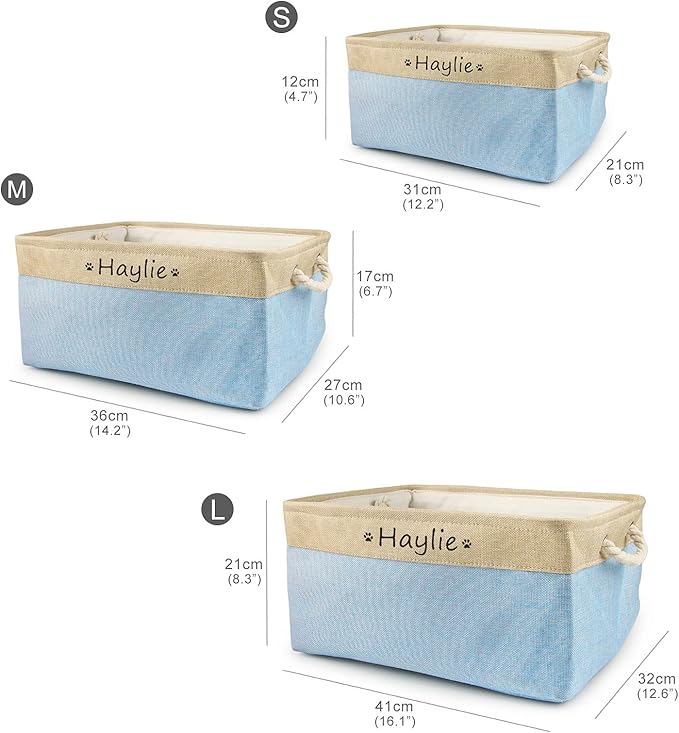 Dog Toy Box Storage Basket Bin with Personalized Custom Pet's Name Collapsible Rectangular Storage Bag For Organizing Dogs cat Clothes，Shoes，Pet Accessories (Light blue, S)