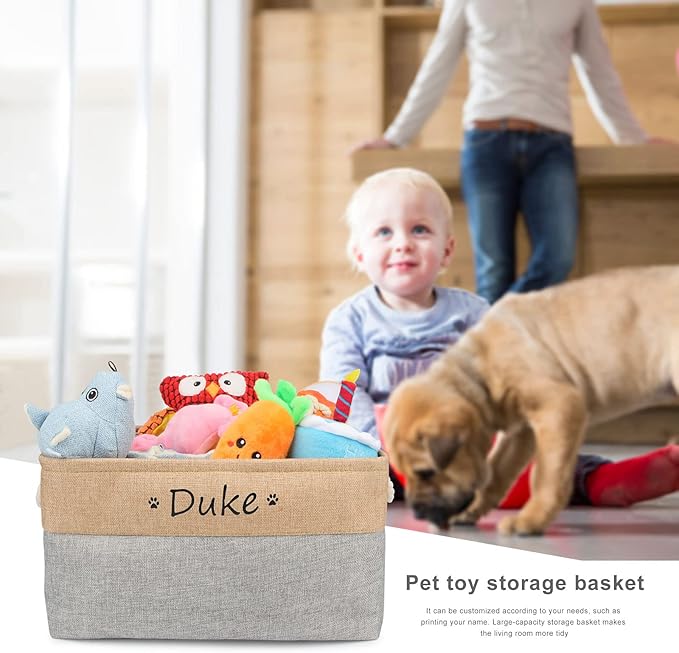 Dog Toy Box Storage Basket Bin with Personalized Custom Pet's Name Collapsible Rectangular Storage Bag For Organizing Dogs cat Clothes，Shoes，Pet Accessories (Gray, L)