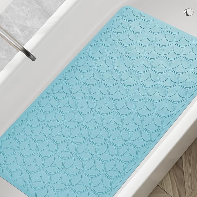 WRISIN Bathtub Mat Non Slip with Suction Cups - 100% Rubber Bathroom Mat Textured for Bath Tub Shower Safety - Soft on Touch - BPA/PVC Free - Pet Dog Bath Mat - Machine Washable - 17 × 35 Inch（Blue）