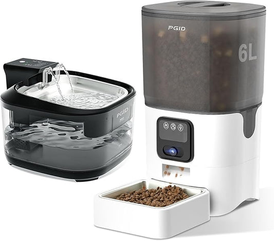 FGID Automatic Cat Feeder and Water Fountain,Wire or Battery Cat Food Dispenser Timer Pet Feeder Dog Feeders w Camera,Programmable Portion Control, 4 Daily Meals, 10s Voice Recorder