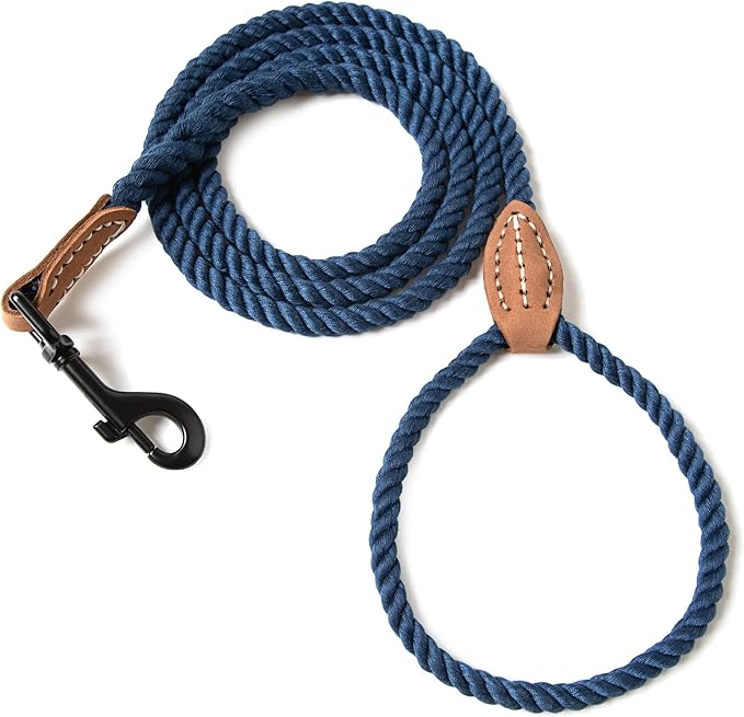 Mile High Life Dog Leash, Braided Cotton Rope Leashes with Leather Tip - Heavy Duty Metal Clasp, 4FT, 1/3" Thick - Wedding, Walking Leash for Small Medium Puppy(Navy)