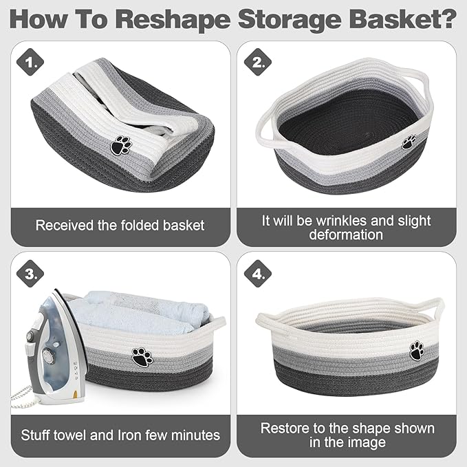 Dog Toy Basket, Toy Box and Bin for Dog Cat Storage, 13.5" X 11" X 5" Small Woven Rope Basket for Baby Storage, Closet, Living Room, White & Grey