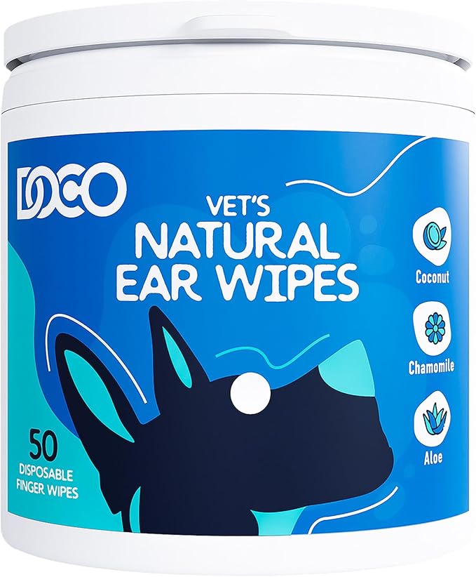 DOCO Dog Ear Cleaner Wipes Finger Cleaning Kit for Dogs & Cats Eucalyptus, Chamomile & Aloe Cat Ear Cleaner Soothes, Deodorizes & Helps Itchy Ears – 50 Count