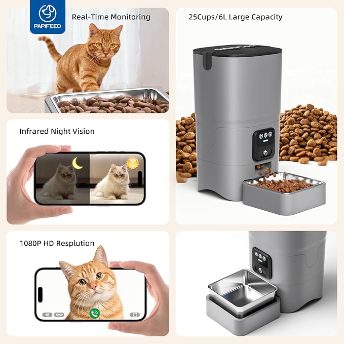 PAPIFEED Automatic Cat Feeder with Wide-Angle Camera, WiFi Pet Feeder with APP Control for Remote Feeding, Detachable for Easy Clean, Dual Power Supply,1-10 Meals Per Day for Multiple Pets(Gray)