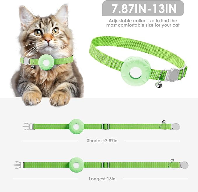 GPS Tracker for Cats, Cat Tracker Compatible with Apple Find My App (Only iOS), No Monthly Fee, Breakaway Collar Included (White Tracker, Green Cat Collar)