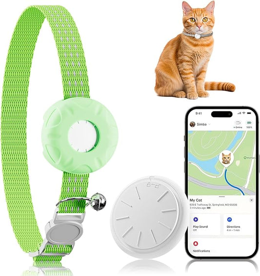 Cat GPS Tracker, Smart Cat Tracker Compatible with Apple Find My App (Only iOS), No Monthly Fee, Waterproof, Breakaway Collar Included (White Tracker, Green Cat Collar)