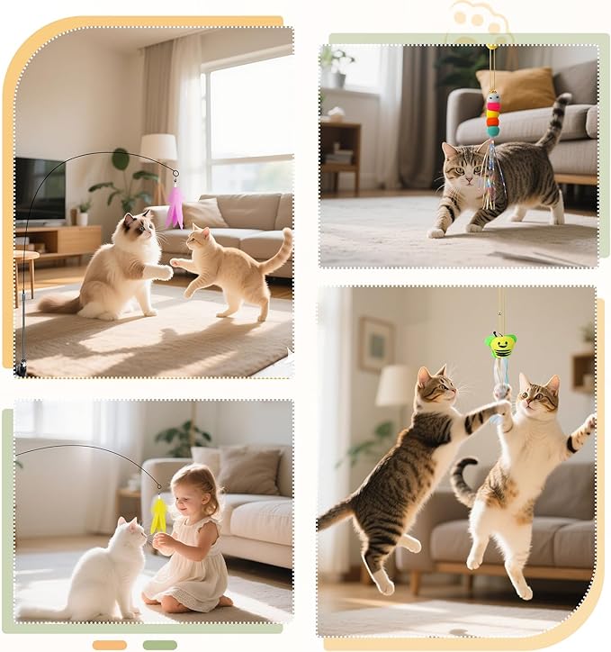 Cat Wand Toy, Interactive Kitten Feather Toys Self Play, Cat Teaser for Indoor Cats Reusable Suction Cup Toys for Indoor Cats Kittens Play Exercise