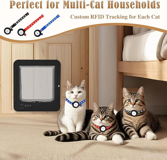 Smart Cat Door for Interior & Exterior, Flap Opening is 7.67’’ (H) by 7'' (W), RFID Cat Pet Door with 3 RFID Collar Sensor Keys & 1 Remote & 4 Way Locking Cat Flap, Automatic Opening Cat Door (Black)