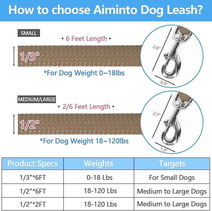 Dog Leash, Braided Rope Traction – Walking Training Lead for Medium/Large Dogs ((1/2") x 6FT, Khaki)
