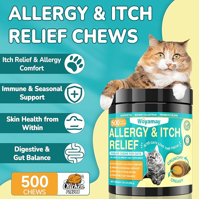 Cat Allergy Relief Chews & Dog Probiotic Bundle, 500 Crunchy & Creamy Anti-Itch Chews for Cats + 200 Soft Probiotic Treats for Dogs | Supports Itchy Skin, Immunity & Digestive Health, Chicken Flavor
