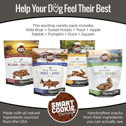 Smart Cookie All Natural Soft Dog Treats - 4 Flavor Variety Pack (5oz Each) - Healthy Dog Treats for Dogs & Puppies with Allergies, Sensitive Stomachs - Chewy, Grain Free, Made in USA