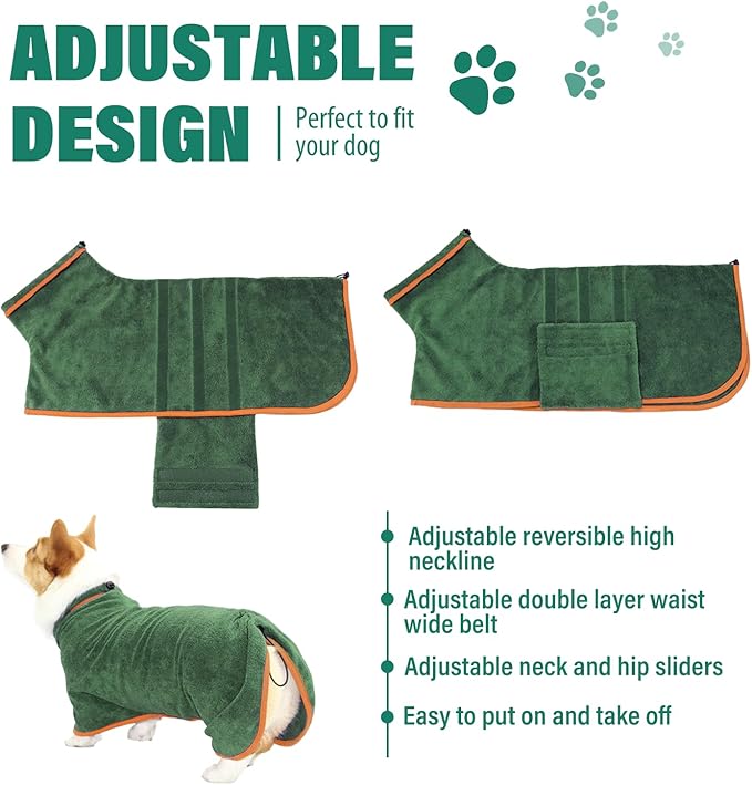 Dog Drying Coat - Fast Drying Dog Towel Robe - Microfiber Super Absorbent Pet Bathrobe, Adjustable Collar & Belly Strap Coat Pet Bath Robe Towel (Small, Green)