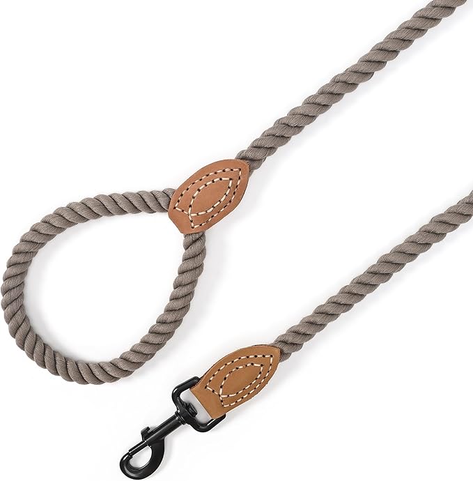 Mile High Life Dog Leash, Braided Cotton Rope Leashes with Leather Tailor Tip with Leather Tip - Heavy Duty Metal Clasp, 4FT, 1/2" Thick - Wedding, Walking Leash for Medium Large Dogs(Camel)