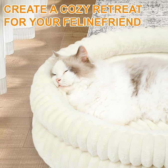 Cat Beds for Indoor Cats,Washable Round Donut Dog Bed,Fluffy Puppy Dogs Beds for Small Dogs with Anti-Slip Bottom (White, S)