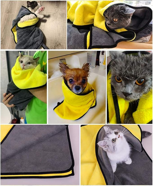 Dog Bath Towel - Super Absorbent Microfiber Dog Towel for Small Medium Large Dogs and Cat, Yellow & Grey 19.7" x 39.4"