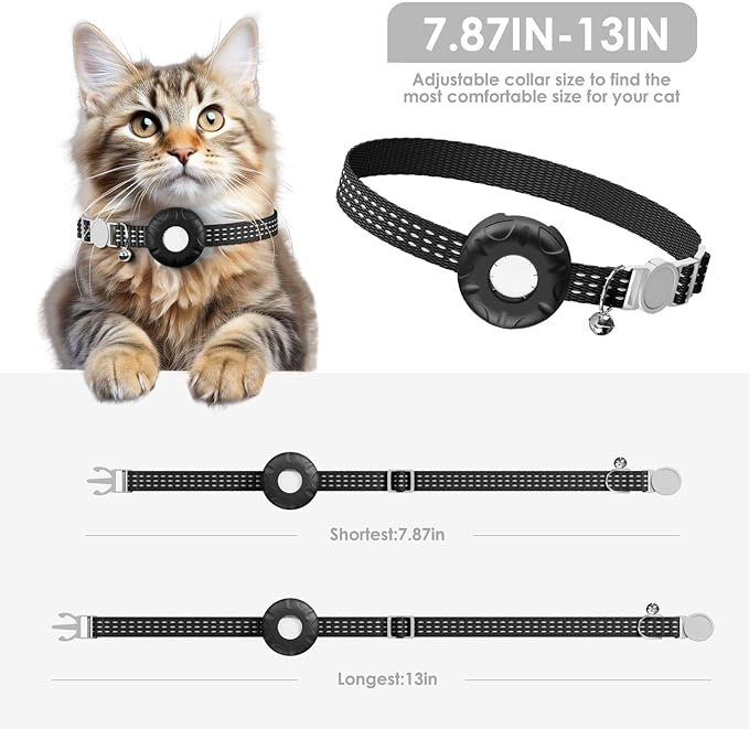 Cat GPS Tracker, Smart Cat Tracker Compatible with Apple Find My App (Only iOS), No Monthly Fee, Waterproof (White Tracker, Black Cat Collar)