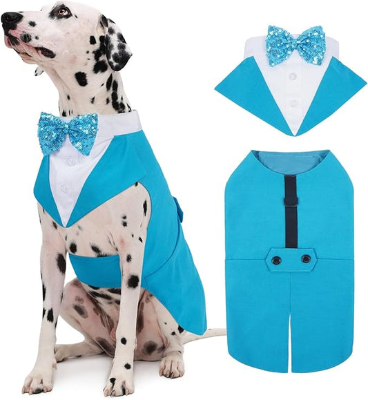 Kuoser Dog Tuxedo for Medium Dogs, Pet Wedding Outfit with Bow Tie, Dog Suit and Bandana Set Formal Dogs Tux Pet Costume Halloween Christmas Outfit for Birthday Party Cosplay