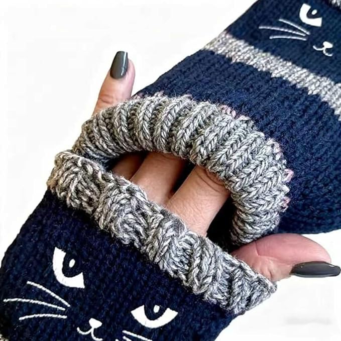 Fingerless Cat Gloves, Cute Cat Embroidery - Cat Embroidery Splicing Knitted Gloves, Warm Casual Women's Glove