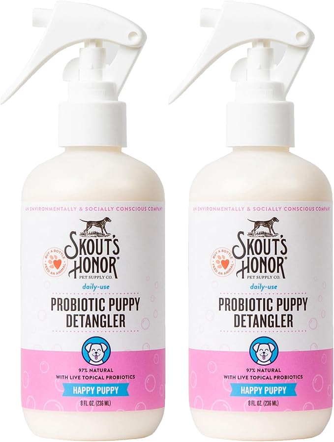 Skout's Honor Probiotic Pet Detangler Spray- Hydrating & Conditioning w/Avocado Oil, 97% Natural, Paraben & Sulfate-Free, softens for a More brushable Coat, Daily Use, 8oz, Happy Puppy, 2-Pack