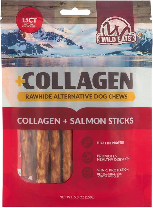 Wild Eats Real Salmon Collagen Sticks for Dogs, (15ct, 1cm Thick) Healthy Bully Stick - Long Lasting Dog Chew Treat