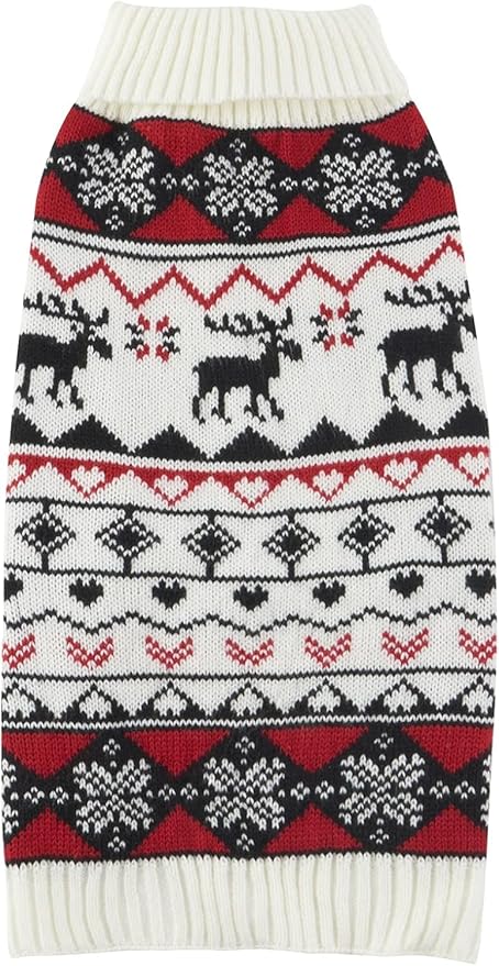Lanyarco White Red Ugly Vintage Knit Reindeer Holiday Festive Christmas Clothes Sweater for Dogs Medium M Size Back Length 13"