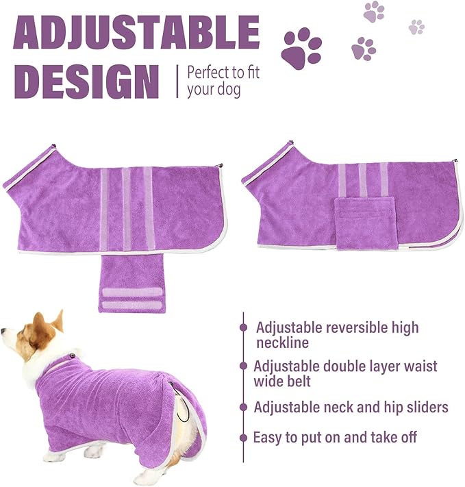 Dog Robe - Fast Drying Towel - Microfiber Super Absorbent Pet Bathrobe, Adjustable Collar & Belly Strap (Purple, XXX-Large)