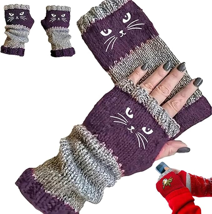 Fingerless Cat Gloves, Cute Cat Embroidery - Cat Embroidery Splicing Knitted Gloves, Warm Casual Women's Glove