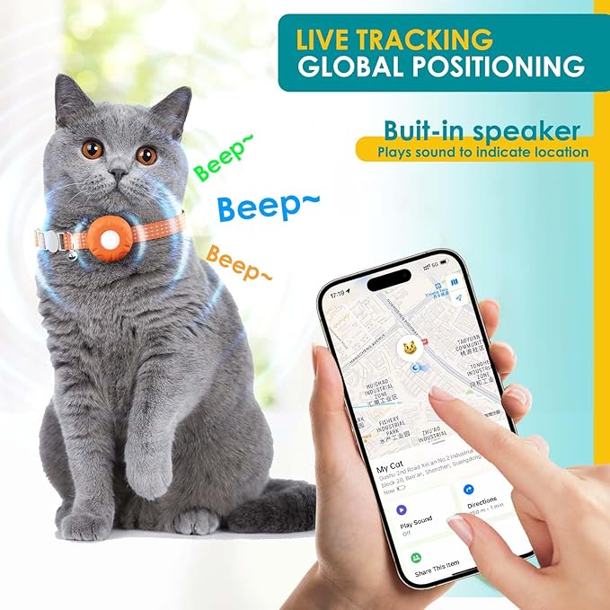 Cat GPS Tracker, Smart Cat Tracker Compatible with Apple Find My App (Only iOS), No Monthly Fee, Waterproof (White Tracker, Orange Cat Collar)