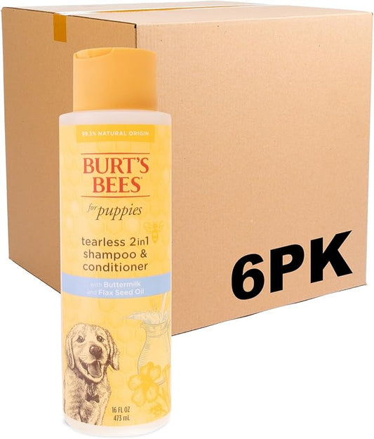 Burt's Bees for Pets Tearless Puppy 2-in-1 Shampoo and Conditioner with Buttermilk and Linseed Oil, 2pk, 95% Natural Origin Formulas, Best Gentle Shampoo for Puppies - Tear Free, 16 oz - 6 Pack
