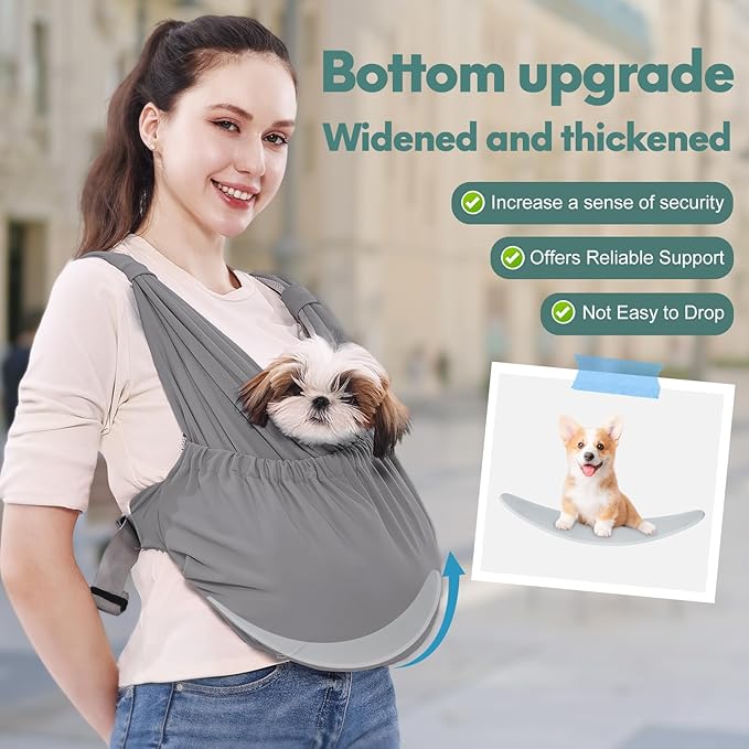 Supet Dog Sling Carrier for Small Pets, Hands Free Cat Sling, Reducing Back Neck Pain Anti-Anxiety Puppy Front, Adjustable Soft Dog Carrying (Grey, Regular)