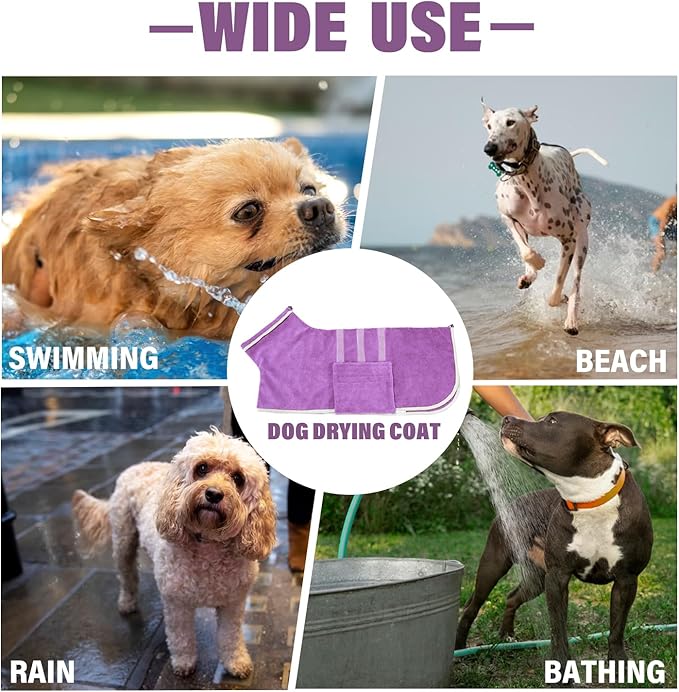 Dog Robe - Fast Drying Towel - Microfiber Super Absorbent Pet Bathrobe, Adjustable Collar & Belly Strap (Purple, Large)