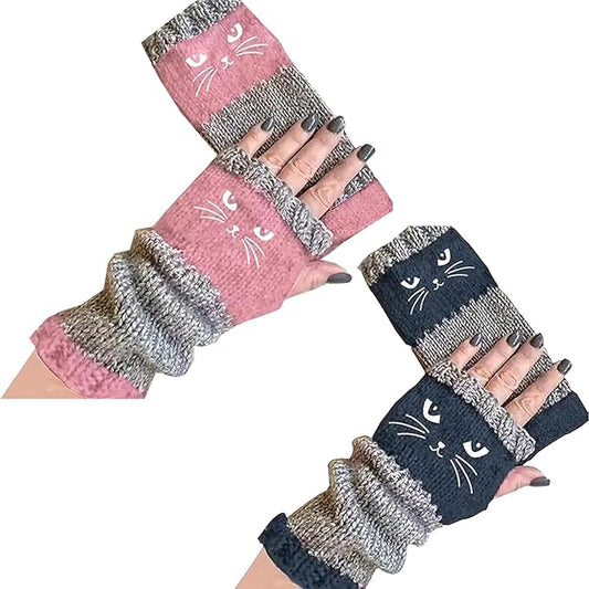 Fingerless Cat Gloves, Cute Cat Embroidery - Cat Embroidery Splicing Knitted Gloves, Warm Casual Women's Glove