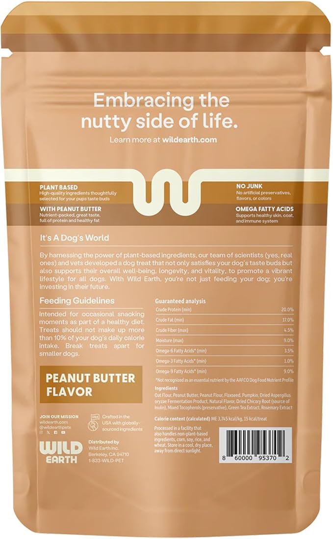 Wild Earth Superfood Dog Treats, Plant Based Dog Treats with Omega Acids, Prebiotics & Koji Protein, No Fillers, Veterinarian-Developed, Peanut Butter Flavor