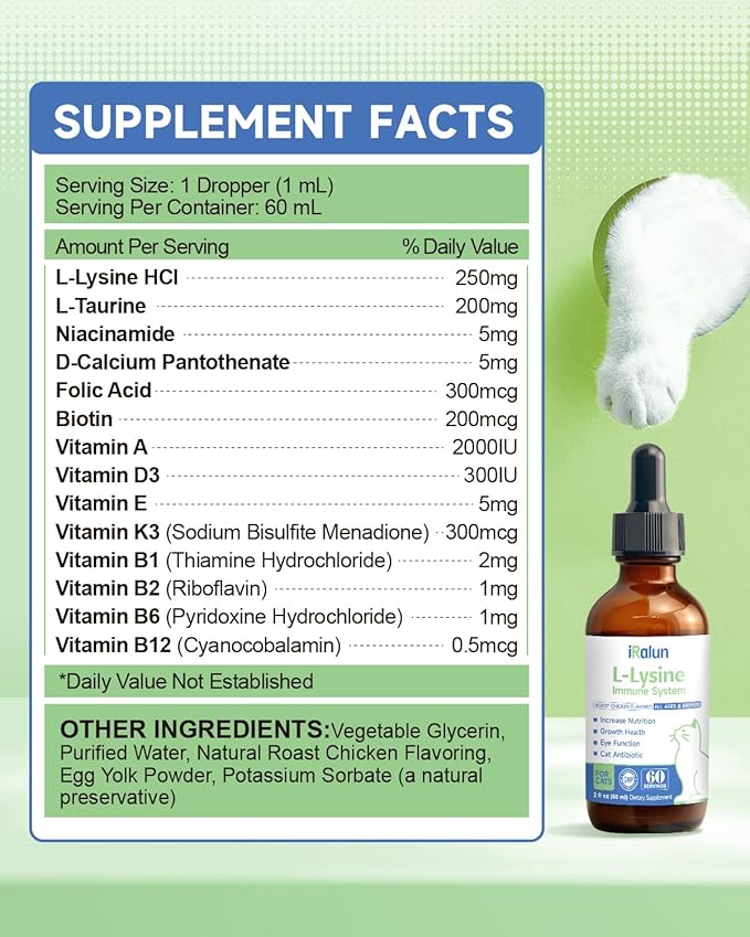 Lysine for Cat - L-Lysine for Cats and Kittens, Immune Support, Respiratory, and Eye Health - Allergy Relief, Sneezing, Runny Nose - Roast Chicken Flavor Drops