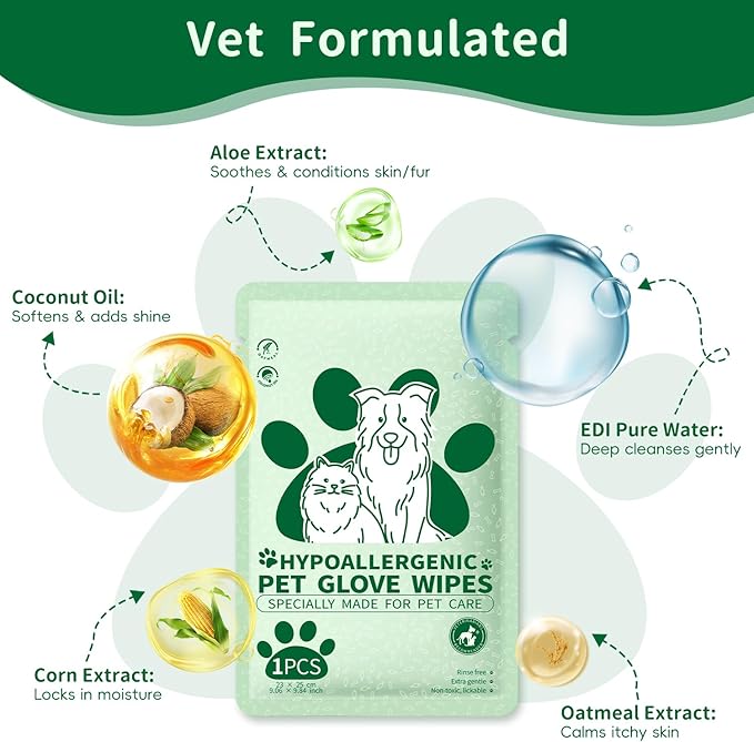 Pet Grooming Glove Wipes for Dogs & Cats, Hypoallergenic Deodorizing Cleansing Wipes with Coconut Oil & Botanical Extracts, Daily & Outdoor Care, 60g Portable and Lightweight (6 Pcs)