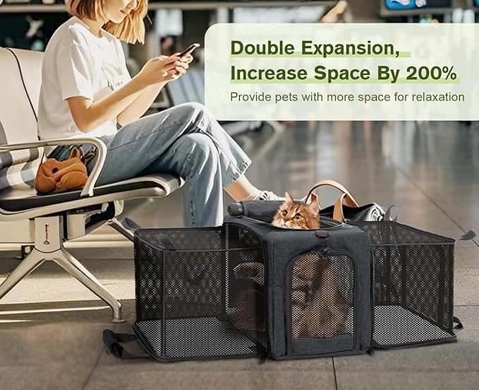 Pecute Cat Carrier Expandable, Airline Approved Cat Soft-Sided Carriers, Breathable Pet Carriers up to 5kg/12lbs, Collapsible Cat Bag Carrier Great for Travel, Outdoor, Hiking, Camping, Dark Gray