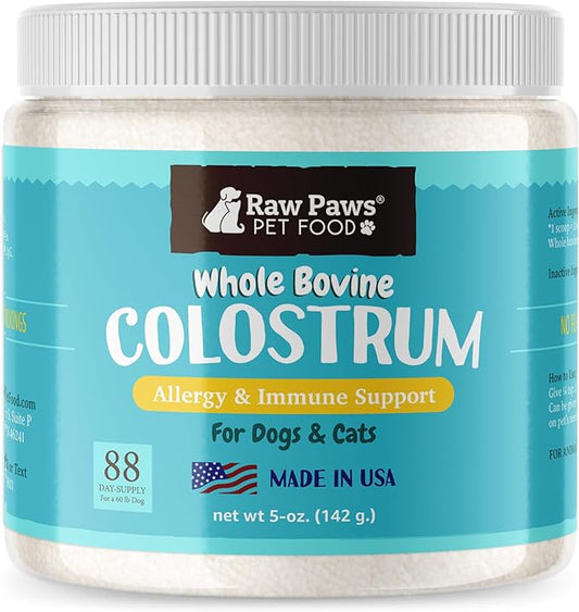 Raw Paws Pet Bovine Colostrum for Dogs Allergies & Immune Support (5-Ounce) - Made in USA - Colostrum for Cats - Senior Dog Supplements - Itchy Skin Treatment - All Ages, Sizes & Breeds
