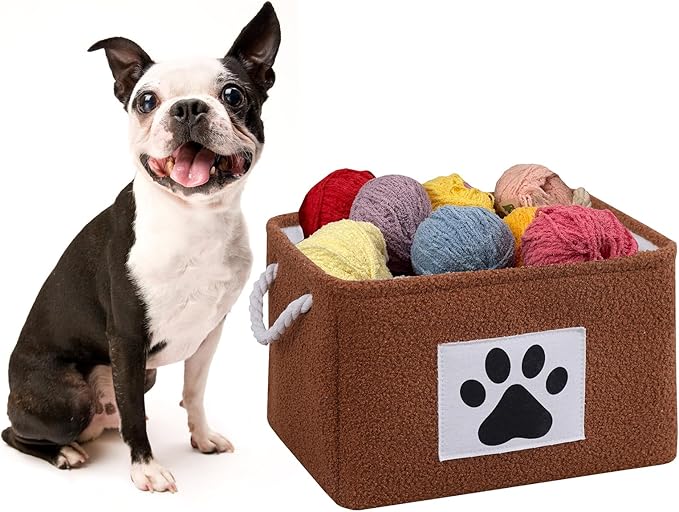 COMFY HOMI 2Pcs Dog Toy Basket with Metal Collapsible Pet Toy Storage Organizer with Handles-Soft Polyester Fleece Fabric Bin Storage Basket for Shelves, Toys Storage Organization 15"x10.2"x9.5"-Brown