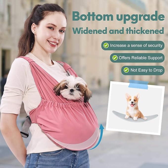 Supet Dog Sling Carrier for Small Pets, Hands Free Front Cat Sling, Reducing Back Neck Pain Anti-Anxiety, Adjustable Soft Carrying (Pink, Plus)