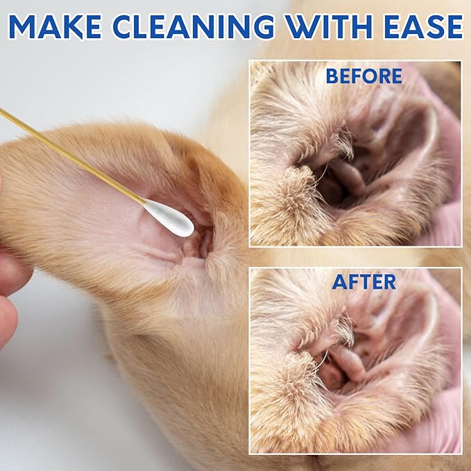 150 Long Cotton Swabs and 200 Lint-Free Cleaning Wipes, Highly Absorbent Dog Ear Cleaning Kit in Storage Box, Compatible with Dog Ear Cleaners, Large Cotton Head Swabs Design for Daily Puppy/Cat care