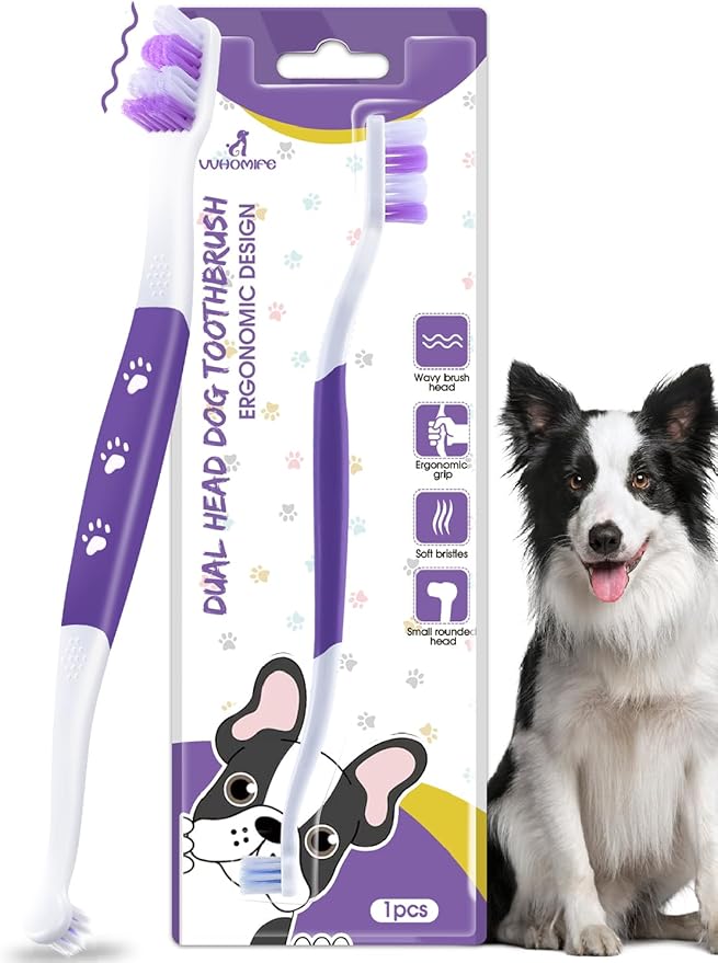 Dog Toothbrush – Newly Upgraded Dual-Head Design with 60° Wavy Bristles–Gently Surrounds Teeth for Deep Cleaning and Plaque Removal – Non-Slip Handle, Ideal for Daily Pet Dental Care (Purple, 1-Pack)
