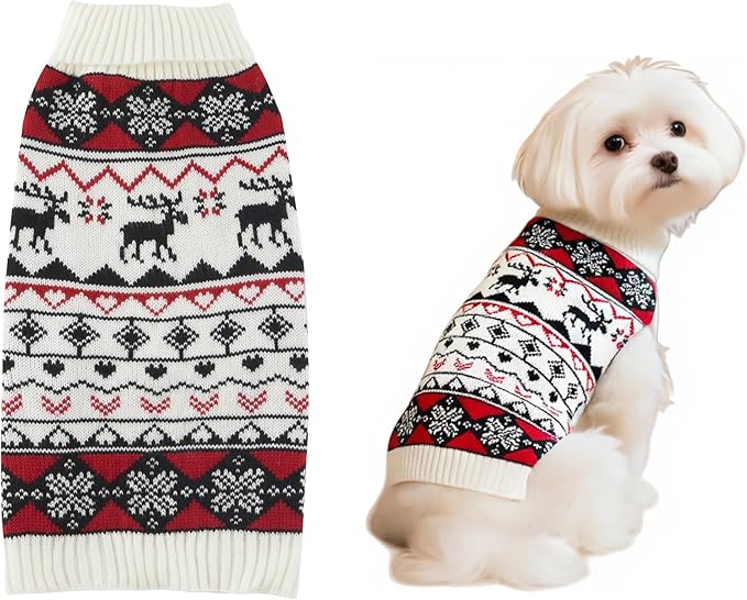 White Red Ugly Vintage Knit Reindeer Holiday Festive Christmas Dog Sweater for Small Dogs, Small (S) Back Length 12"