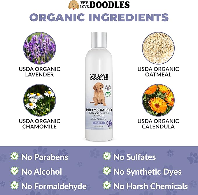 We Love Doodles Lavender Puppy Shampoo & Dog Detangler Spray - Organic Ingredients, Tear Free Shampoo for Puppies, Sensitive & Itchy Skin Wash, Dematting Spray for Dogs, Tangle Remover