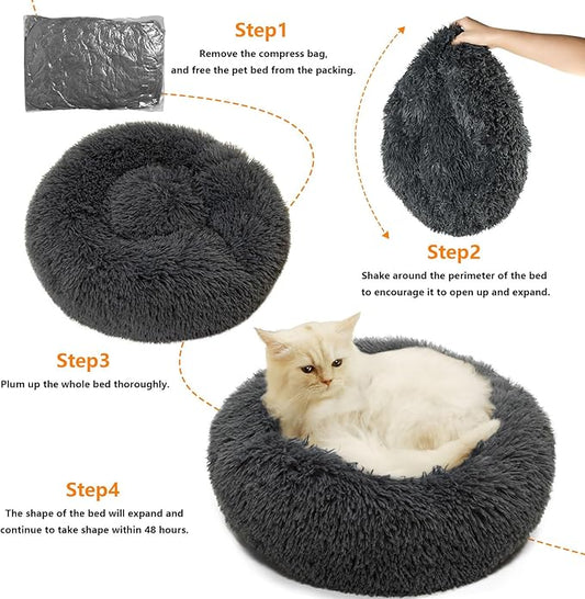 Dog & Cat Beds for Indoor pet, 27.5 inches Cat Bed Machine Washable,Plush Round Cat Bed, Soft Shag Fur, Dark Gray, Large