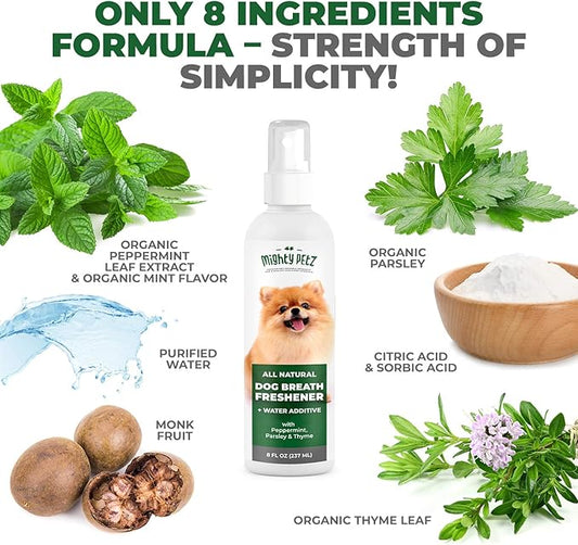 2-in-1 Dog Breath Freshener Spray & Water Additive - 8 oz Large - Natural Ingredients Dog Dental Care That Helps Avoid Bad Breath, Plaque, Tartar. Dog Teeth Cleaning, Fresh Breath with No Brushing