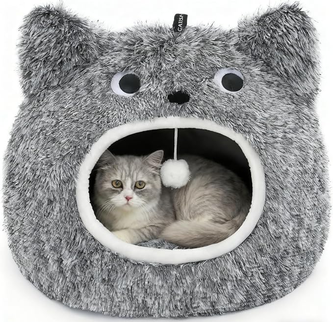 CATISM Cat Bed, Cat Beds for Indoor Cats - Kitten Bed Cave Washable, Soft Plush Hooded, Removable Pillow, Non-Slip Base, Large Cave for Kitty