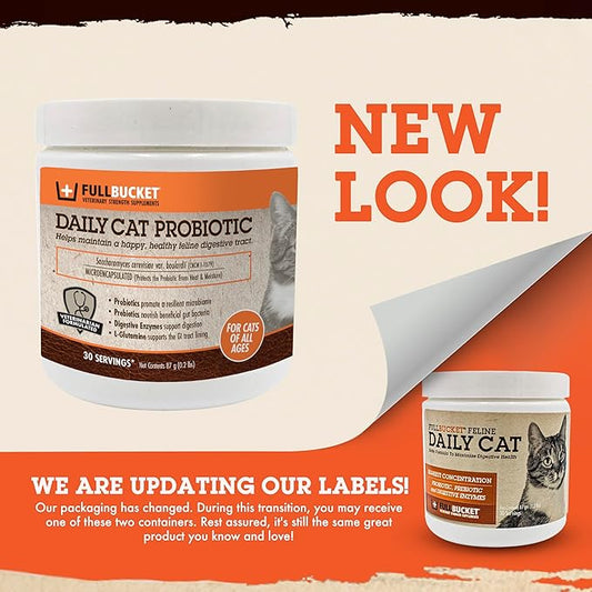 FullBucket Daily Cat Probiotic Powder - Digestive Supplement for Diarrhea, Gas and Supporting Gut & Stomach Health with Prebiotics & Enzymes, 30 Servings