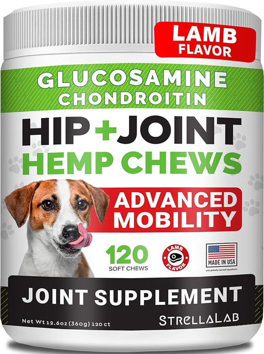 Advanced Hemp + Glucosamine Dog Joint Supplement - Hip Joint Pain Relief - Mobility Chews for Dogs - Chondroitin, MSM, Omega - Made in USA - Lamb Flavor - 120 Hemp Treats